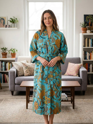 Azure Bloom Cotton Waffle Robe