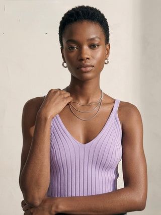 V-Neck Ribbed Scallop-Hem Crop Top- Wisteria