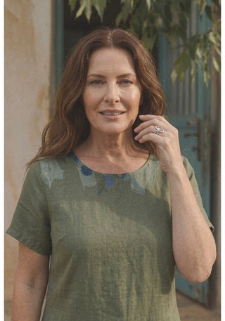 Isabella Italian Linen Art-Print Tunic- Sage Green