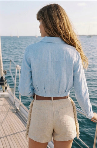 LIGNANO LINEN CROP JACKET- SLATE BLUE