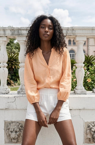 Aria Linen-Blend Balloon Sleeve Blouse