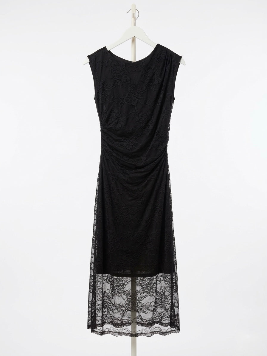 Italian Lace Overlay Ruched Midi Dress Black