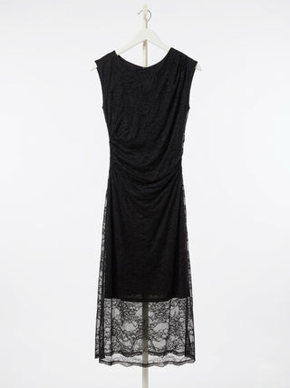 Italian Lace Overlay Ruched Midi Dress Black