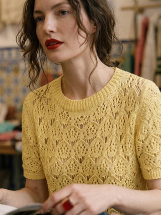 Italian Pointelle Knit Short-Sleeve Round Neck Sweater- Buttercup Yellow.