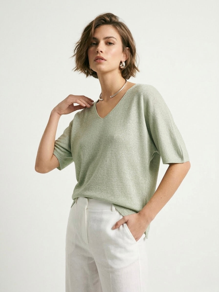 Sage Shimmer V-Neck Knit
