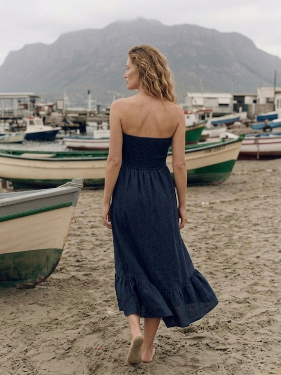 PREMIUM ITALIAN LINEN MIDXI DRESS- INK BLUE