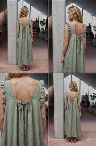 The Aria Ruffle Back-Tie Midi- Sage Green