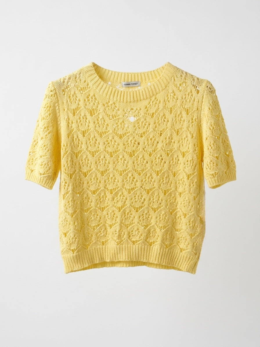 Italian Pointelle Knit Short-Sleeve Round Neck Sweater- Buttercup Yellow.