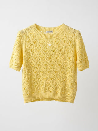 Italian Pointelle Knit Short-Sleeve Round Neck Sweater- Buttercup Yellow.