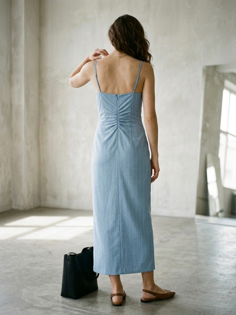 The Pinstripe Midi Column Dress- Chambray Blue