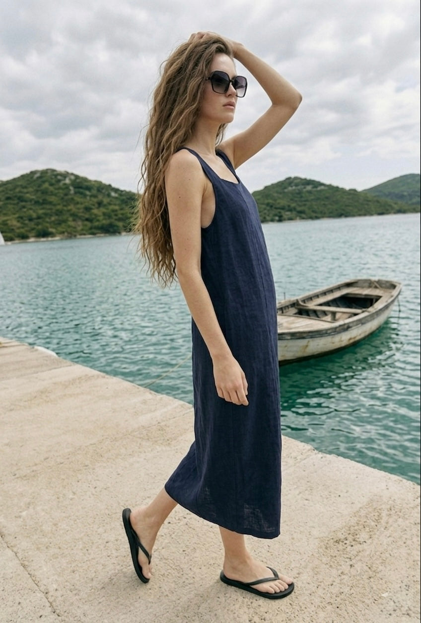 ITALIAN LINEN LONG DRESS- NAVY