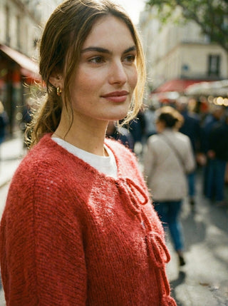 The Coquette Tie-Front Cardigan- Tomato Red
