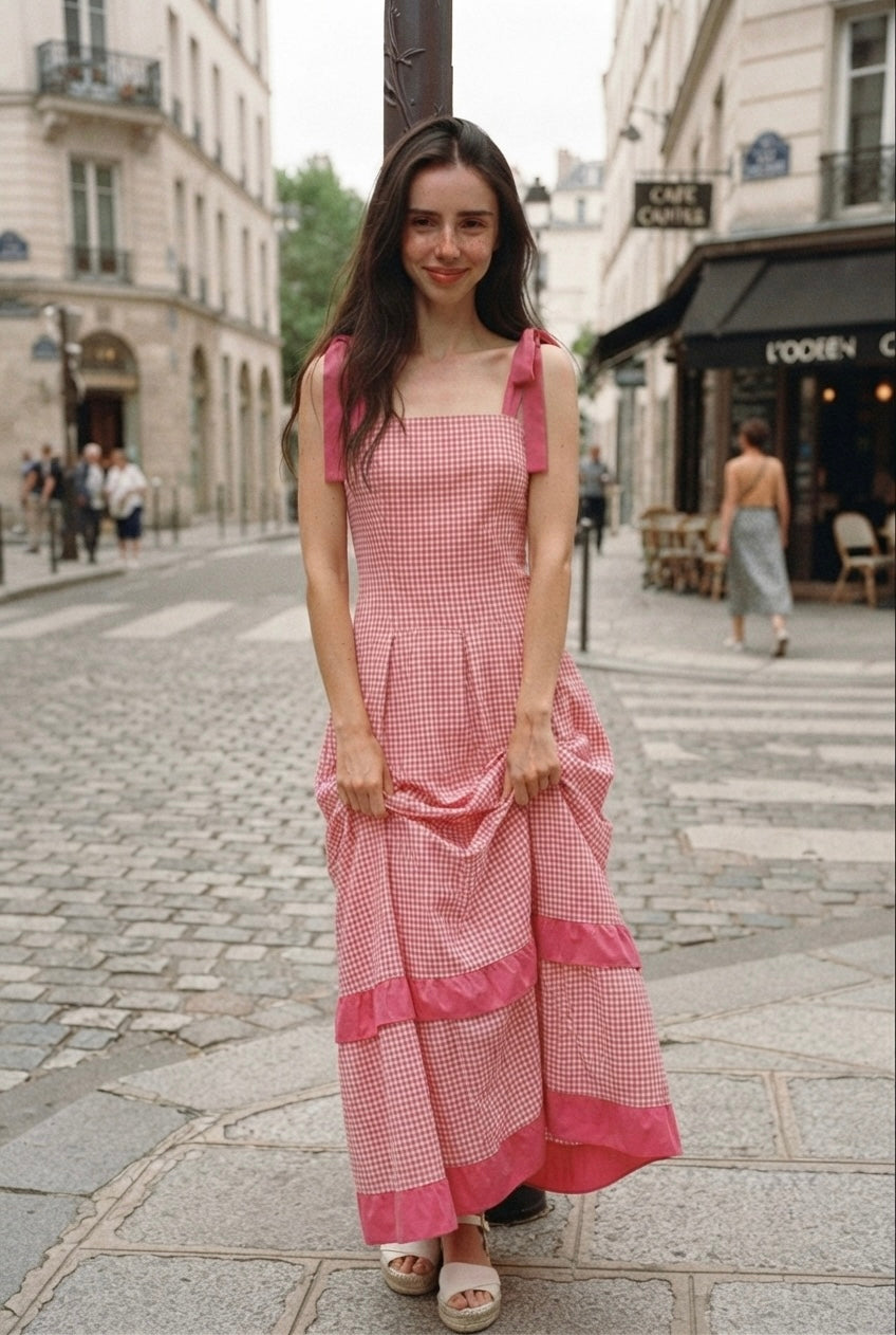 Blossom Gingham Tie-Strap Midi Dress