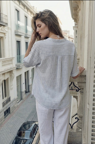 THE STRIPED RESORT SHIRT- CHAMBRAY BLUE