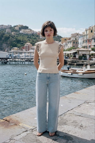 Embroidered Ruffle-Sleeve Ribbed Top- Beige