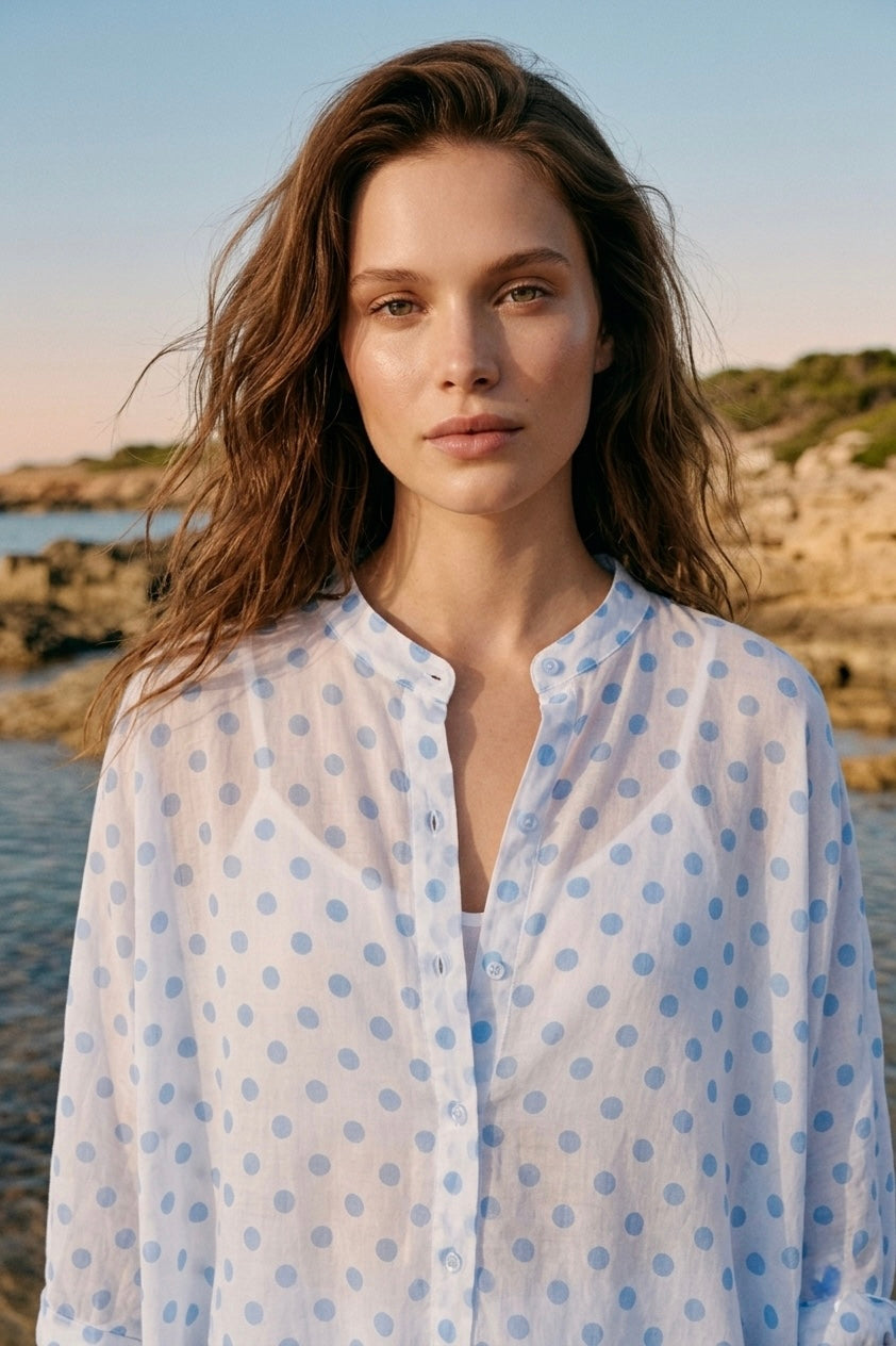 The Celeste Polka Dot Over shirt- Blue