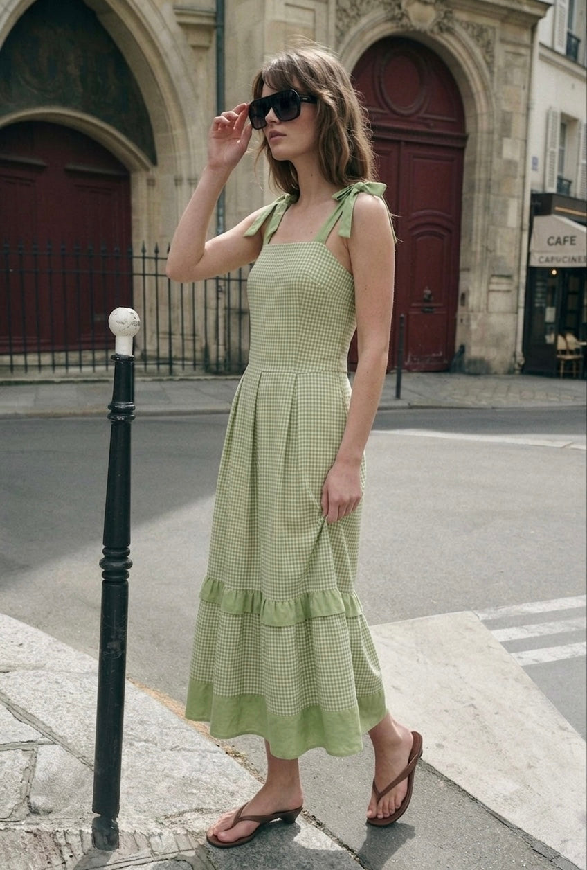 Sage Gingham Tie-Strap Midi Dress