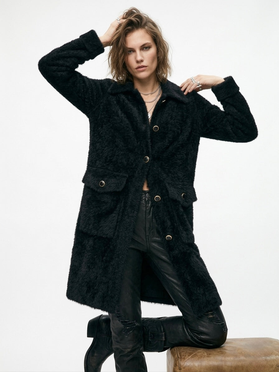 Plush Pocket Coat with Gold-Trim Buttons