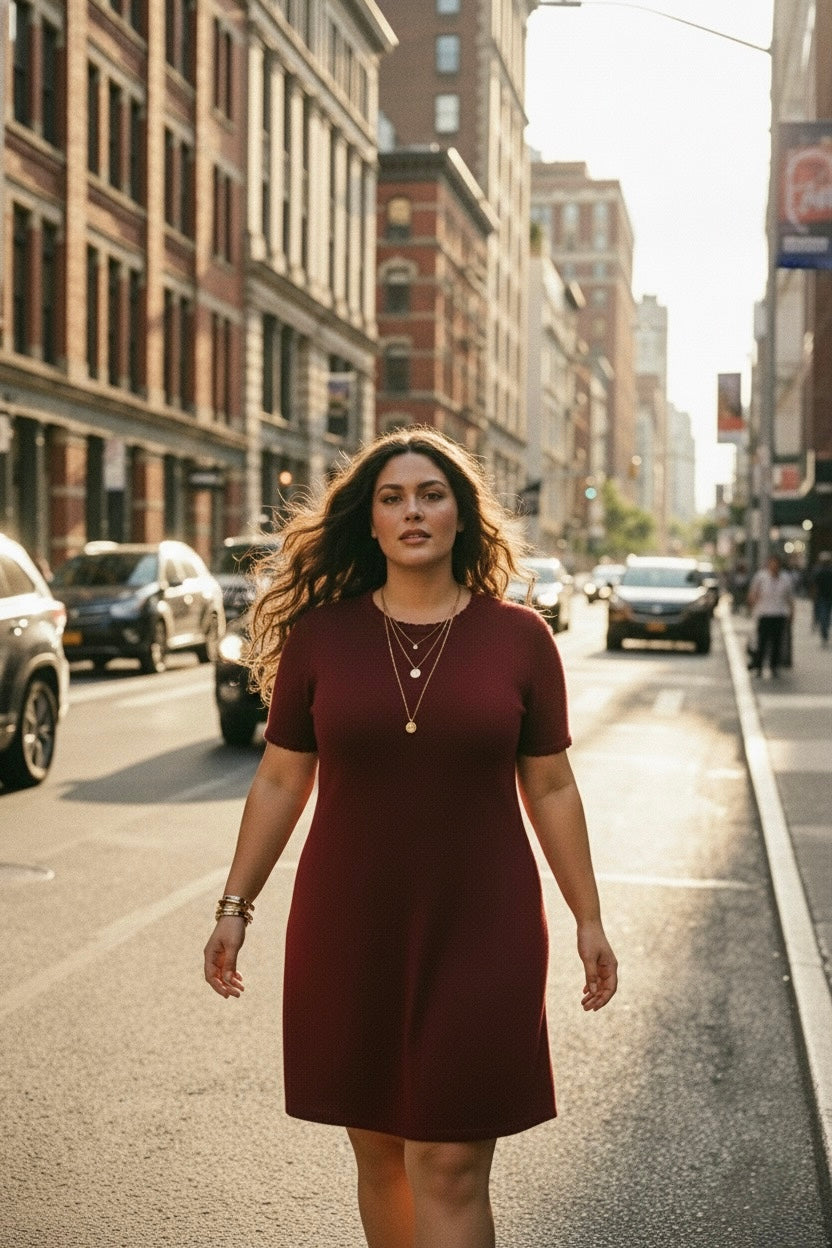 The Merlot Scallop-Trim Knit Dress