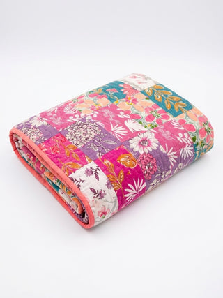 Bohemian Meadow & Fuchsia Scroll Cotton Reversible Queen Sized Quilt