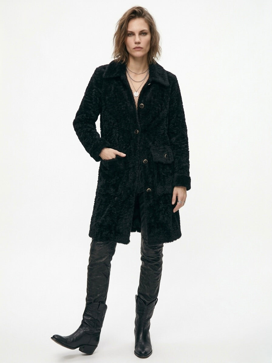 Plush Pocket Coat with Gold-Trim Buttons
