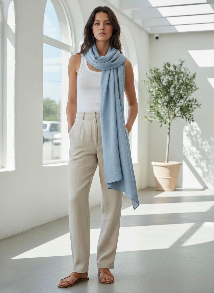 The Serene Azure Linen Scarf- Powder Blue