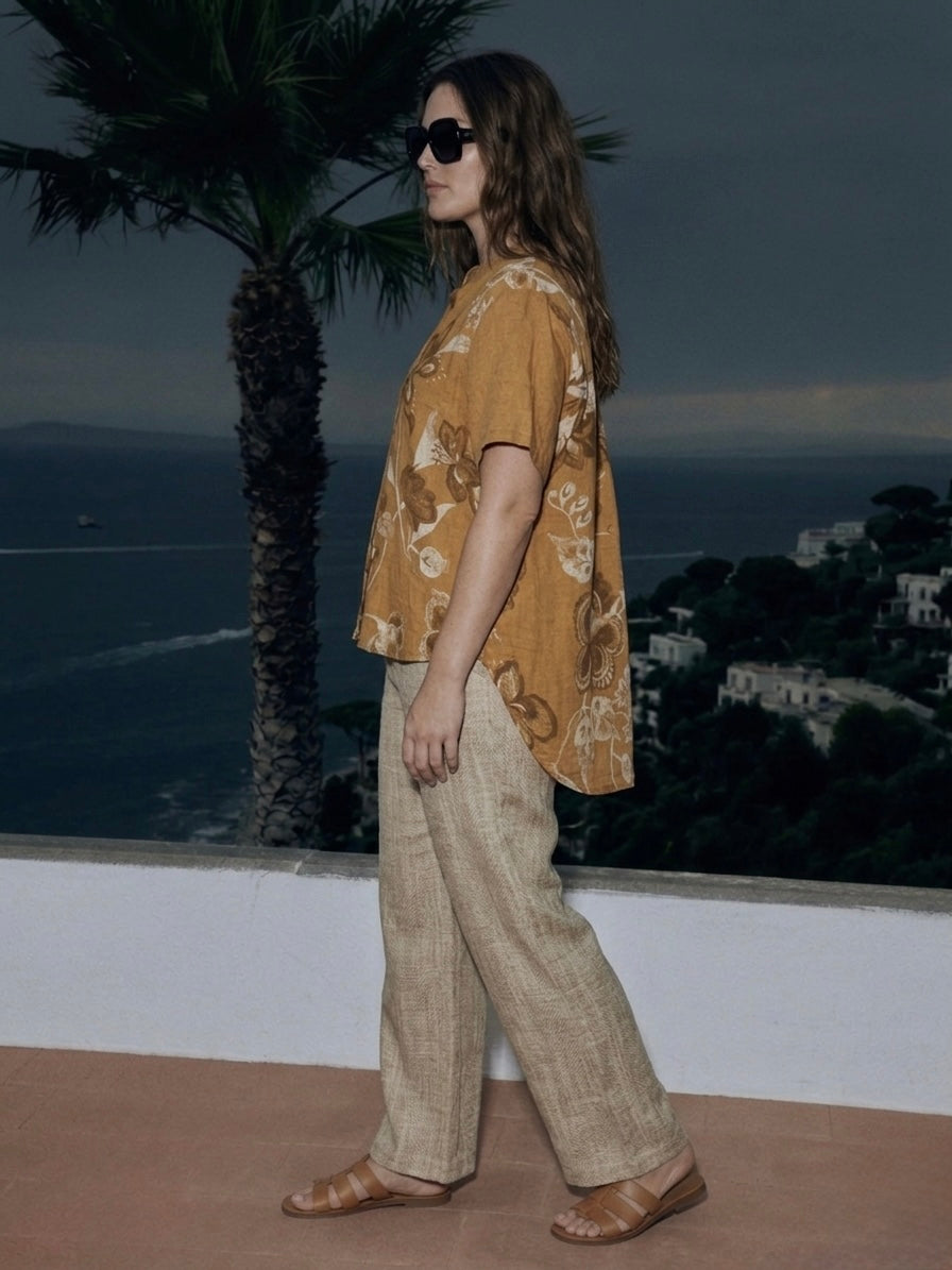 LINEN PRINTED BLOUSE WITH CHINE DETAILS
