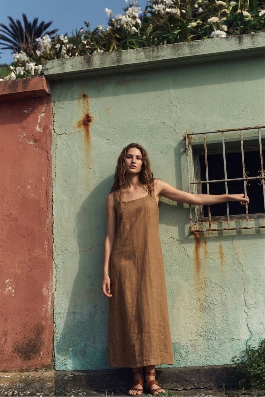 ITALIAN LINEN LONG DRESS- TAN