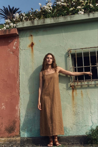 ITALIAN LINEN LONG DRESS- TAN