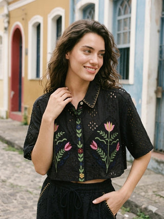 Floral Eyelet Embroidered Cropped Shirt- Artisanal Onyx Floral