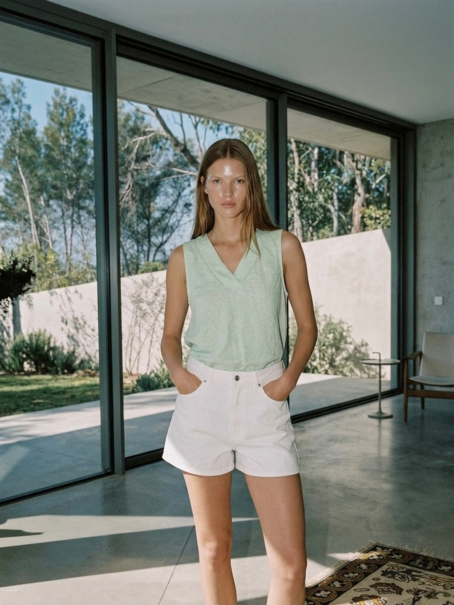 Italian Linen V-Neck Shell- Seafoam Mist