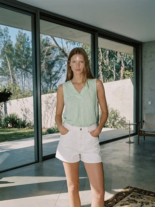 Italian Linen V-Neck Shell- Seafoam Mist