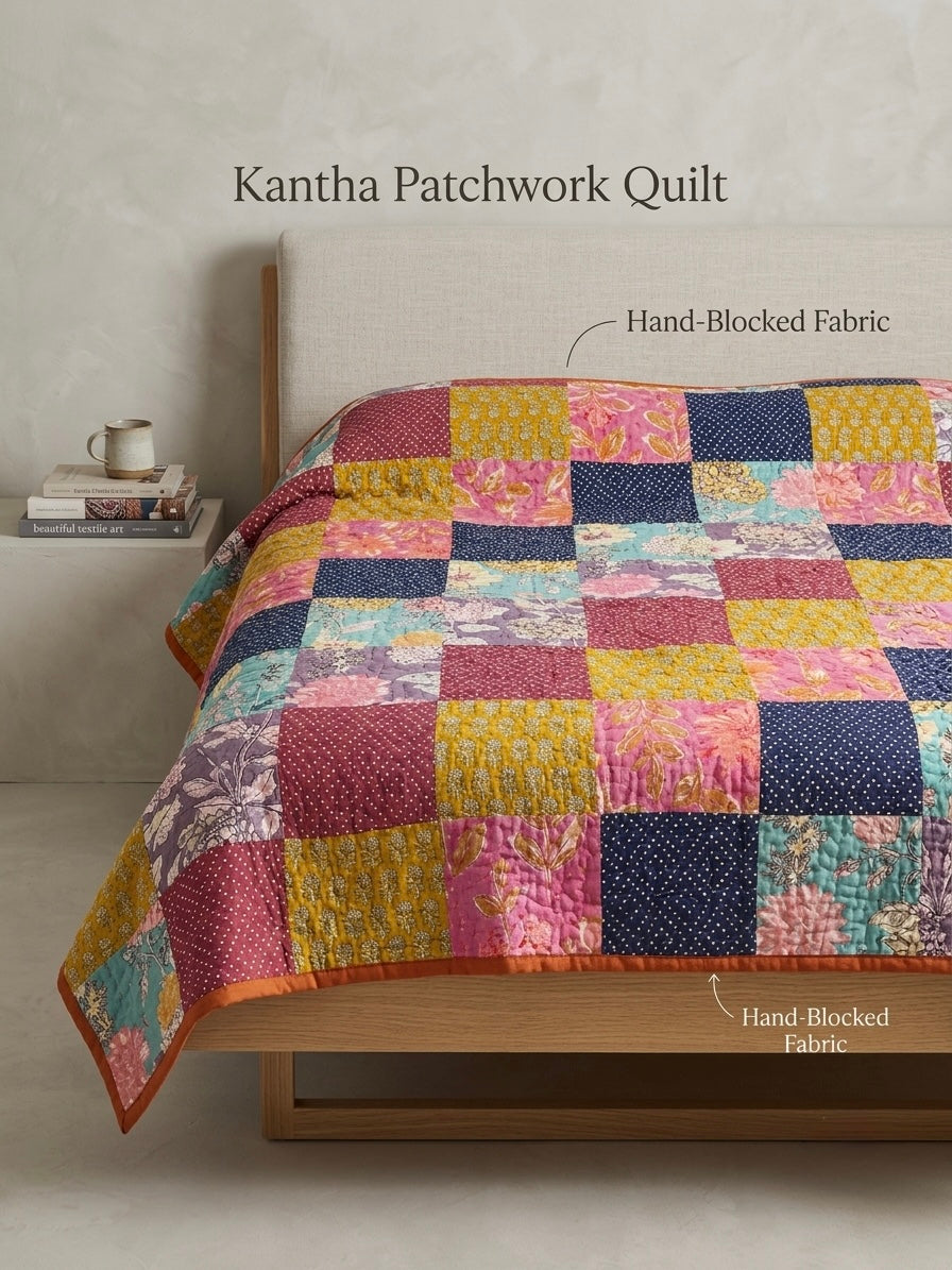 Bohemian Patchwork & Floral Reversible Queen Quilt