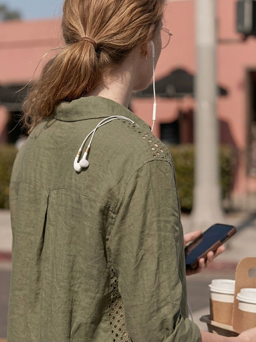 A E L I A OVERSIZED LINEN SHIRT WITH EYELET PANELS- MOSS GREEN