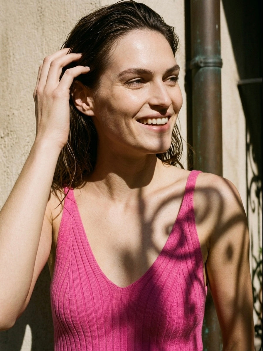 V-Neck Ribbed Scallop-Hem Crop Top- Hot Berry