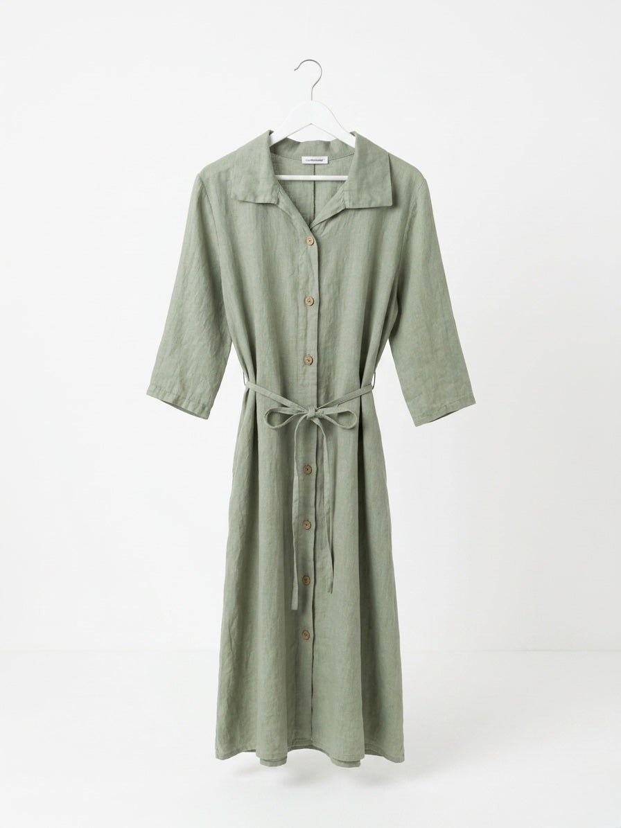 LINEN MIDI SHIRT DRESS-MUTED SAGE GREEN