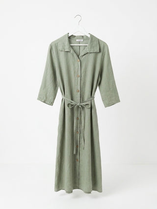 LINEN MIDI SHIRT DRESS-MUTED SAGE GREEN