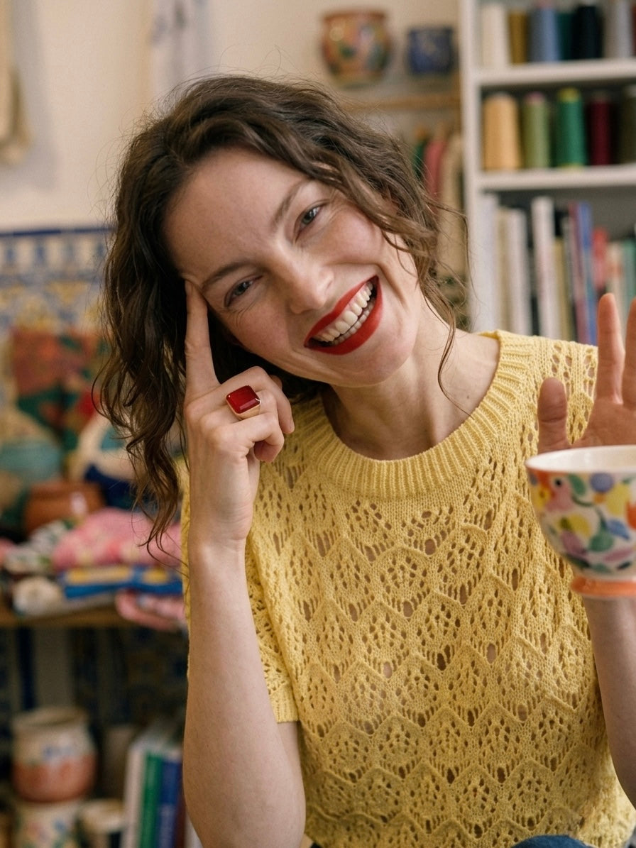 Italian Pointelle Knit Short-Sleeve Round Neck Sweater- Buttercup Yellow.