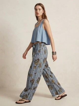 L’ESTATE PRINTED LINEN PANTS- CLOUD BLUE