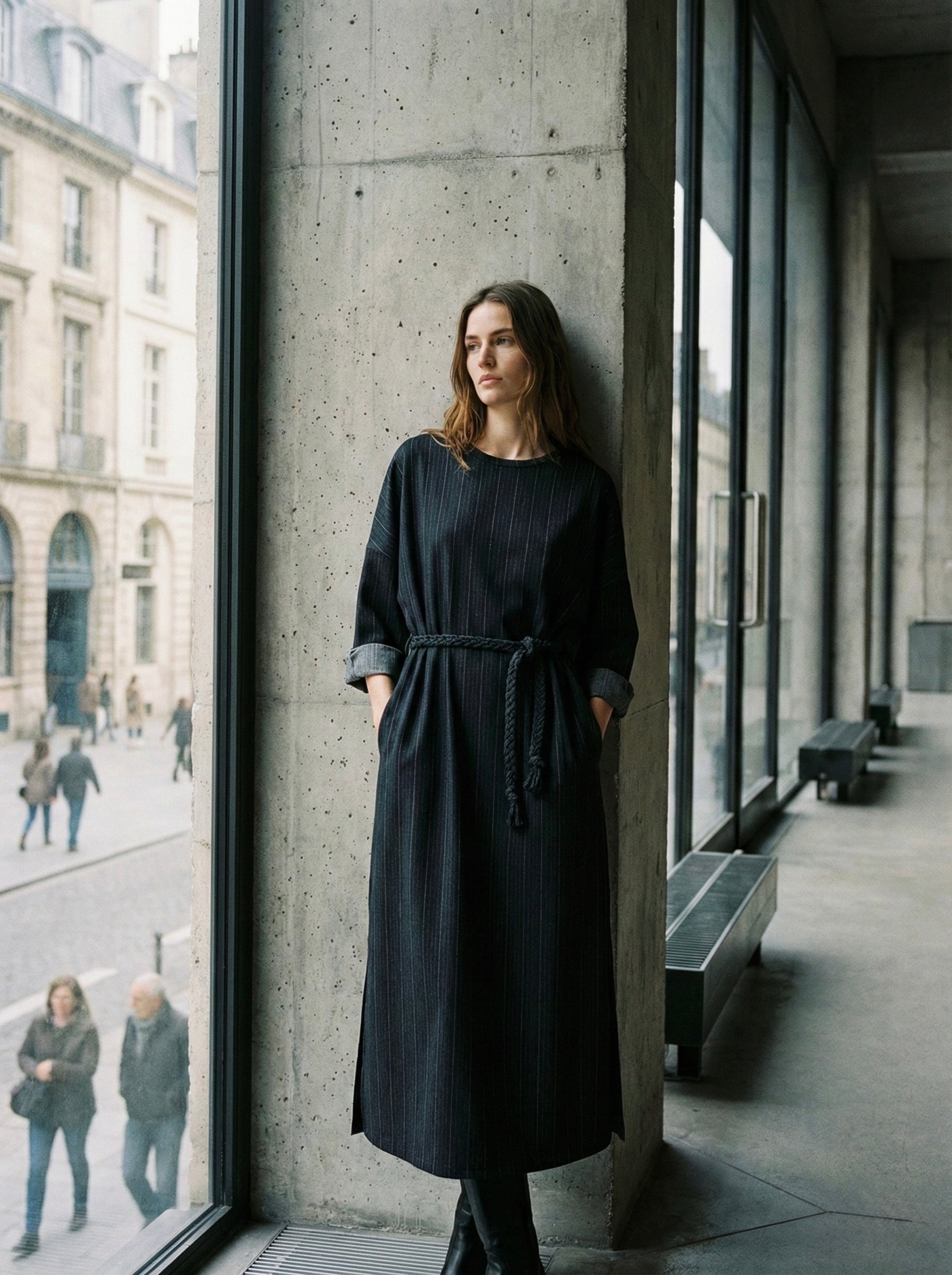 The Milano Pinstripe Belted Maxi Dress