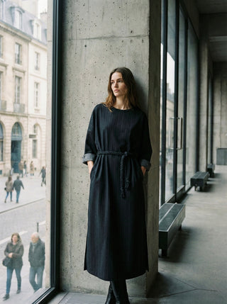 The Milano Pinstripe Belted Maxi Dress