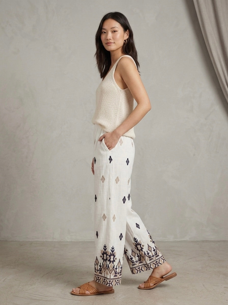 Bohemian Oasis Embroidered Linen-Blend Trousers