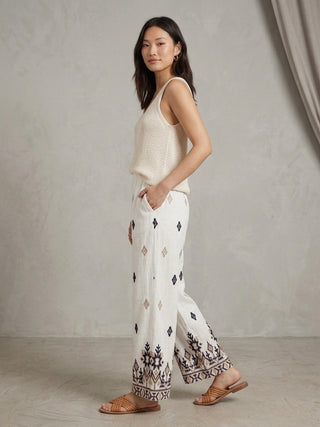 Bohemian Oasis Embroidered Linen-Blend Trousers