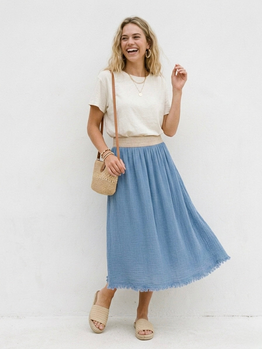 Azure Breeze Linen-Blend Midi Skirt