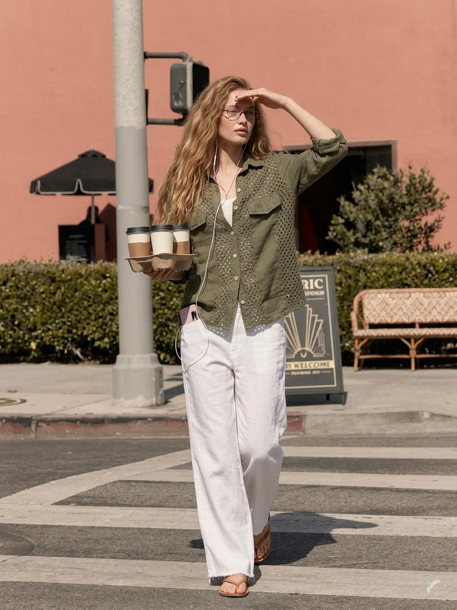 A E L I A OVERSIZED LINEN SHIRT WITH EYELET PANELS- MOSS GREEN