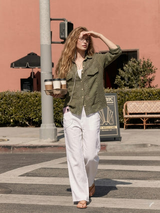 A E L I A OVERSIZED LINEN SHIRT WITH EYELET PANELS- MOSS GREEN