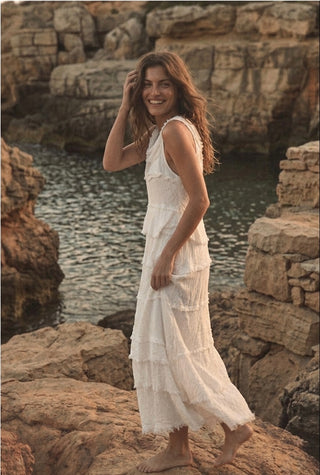 Positano Tiered Silk Maxi Dress- Cloud White