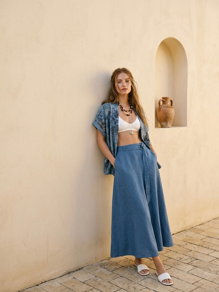 FLORAL PRINT LINEN BLEND KIMONO- SLATE BLUE