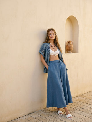 FLORAL PRINT LINEN BLEND KIMONO- SLATE BLUE