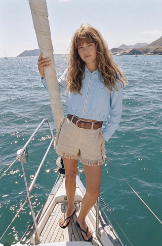 LIGNANO LINEN CROP JACKET- SLATE BLUE